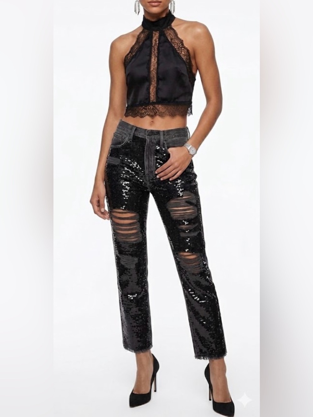 Frame Denim Black Sequin Distressed Jeans